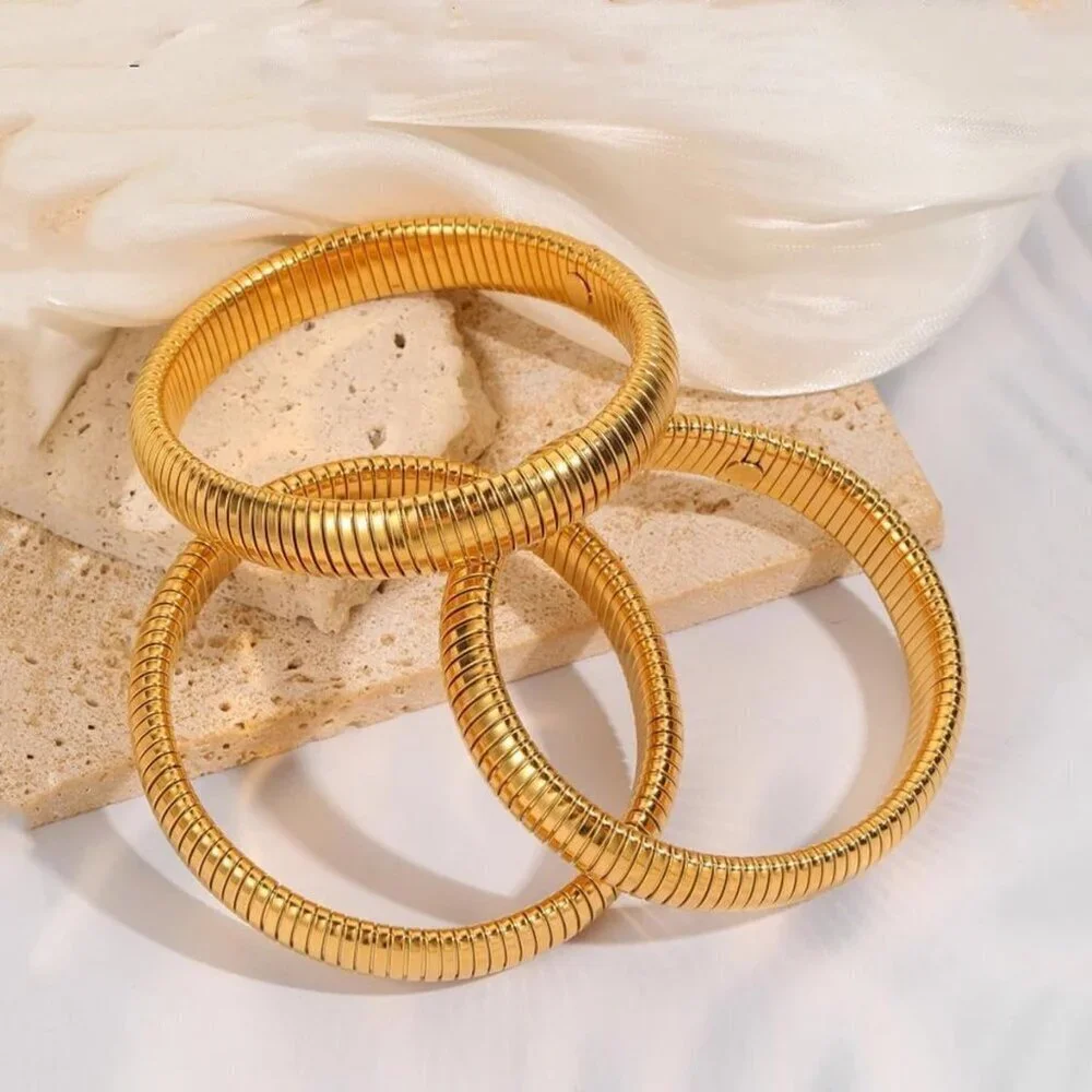 Set of 3 Gold Bangles for Women - 24K Gold Plated Stretch & Chunky Bracelets